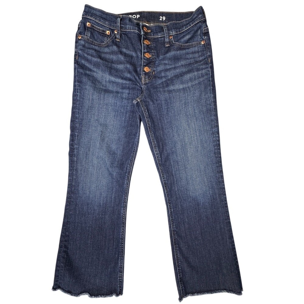 J.Crew Demi Boot Crop Jeans Womens 29 Dark Wash Blue Button Fly Raw Hem